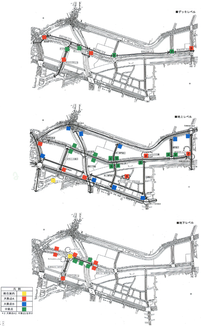 デッキ・地上・地下各レベルでのサインの配置計画図