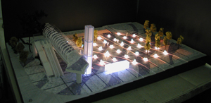 地面にライトを設置した案の交通広場の検討模型