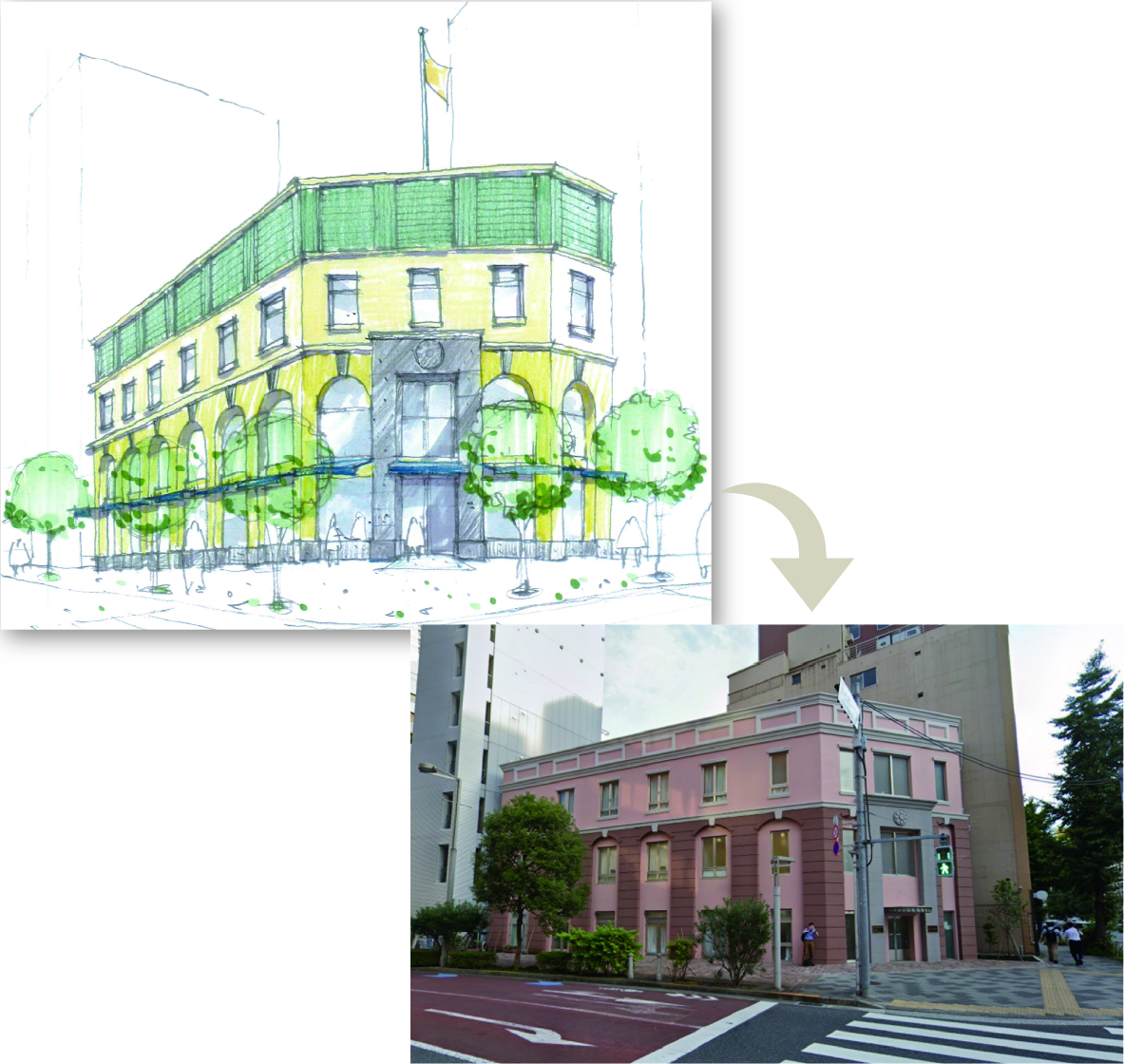 計画時ファサードデザインと完成した建物(北東)