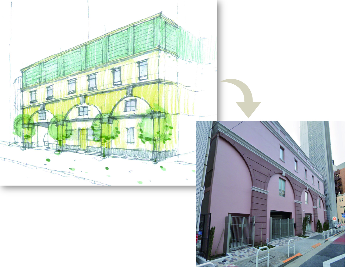 計画時ファサードデザインと完成した建物(西側)